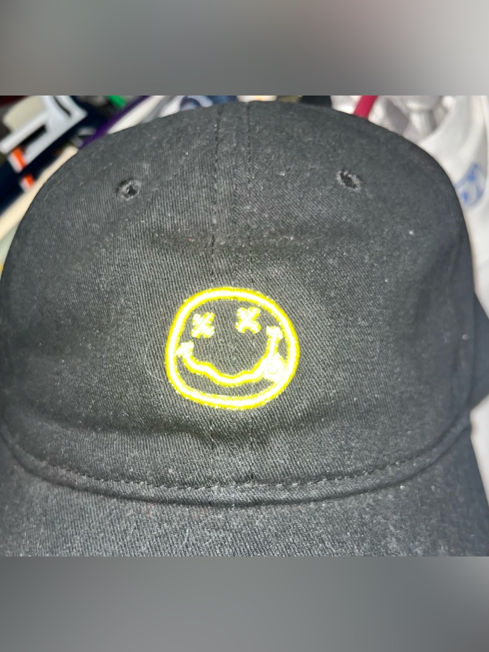 NIRVANA Black Hat W/ Yellow Smiley Embroidery On Front NIRVANA Spellout On Back